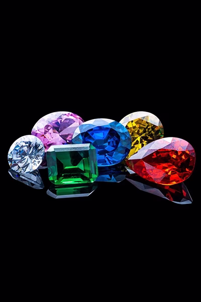 Six vibrant gemstones in red, yellow, green, blue, pink, and purple from DBT Diamonds (Diamond Board of Trade).